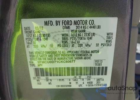2012 Ford Escape Xlt from USA, damaged, VIN 1FMCU0D71CKC60677